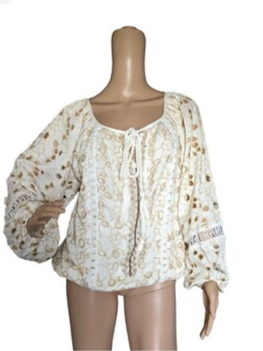 Boho Lace-Trim Peasant Blouse in Cream and Gold